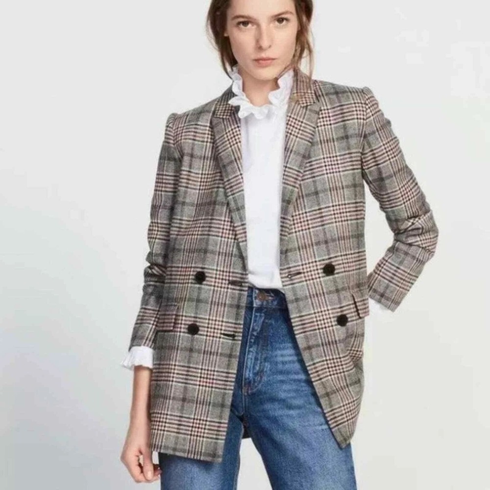 Sandro Paris‎ Lauryn Plaid Wool Blazer Luxury Size 36 Double Breasted Designer